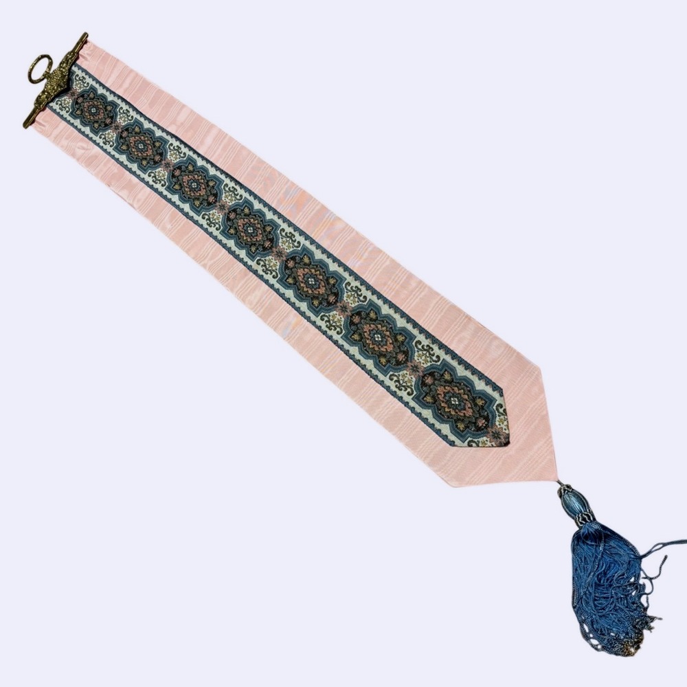 Vintage Pink Moire Silk Bell Pull Tapestry Brass Grape Hardware‎ Blue Tassel